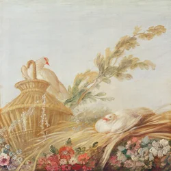 Gilles Demarteau nyomdász szalonja, az ajtó fölött; galambok tojásaikat a szénában ülve, 1750-65